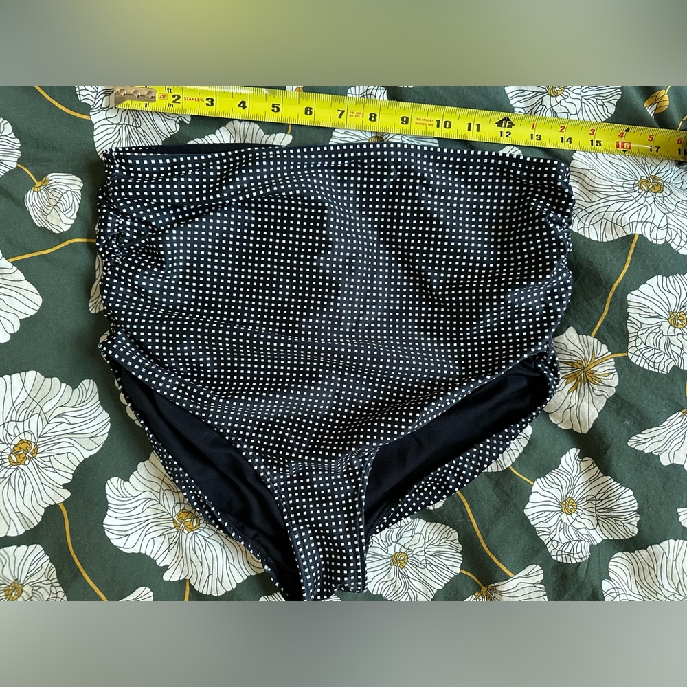 Albion swim high-waisted bottoms, ruched black w/white square pattern, size L